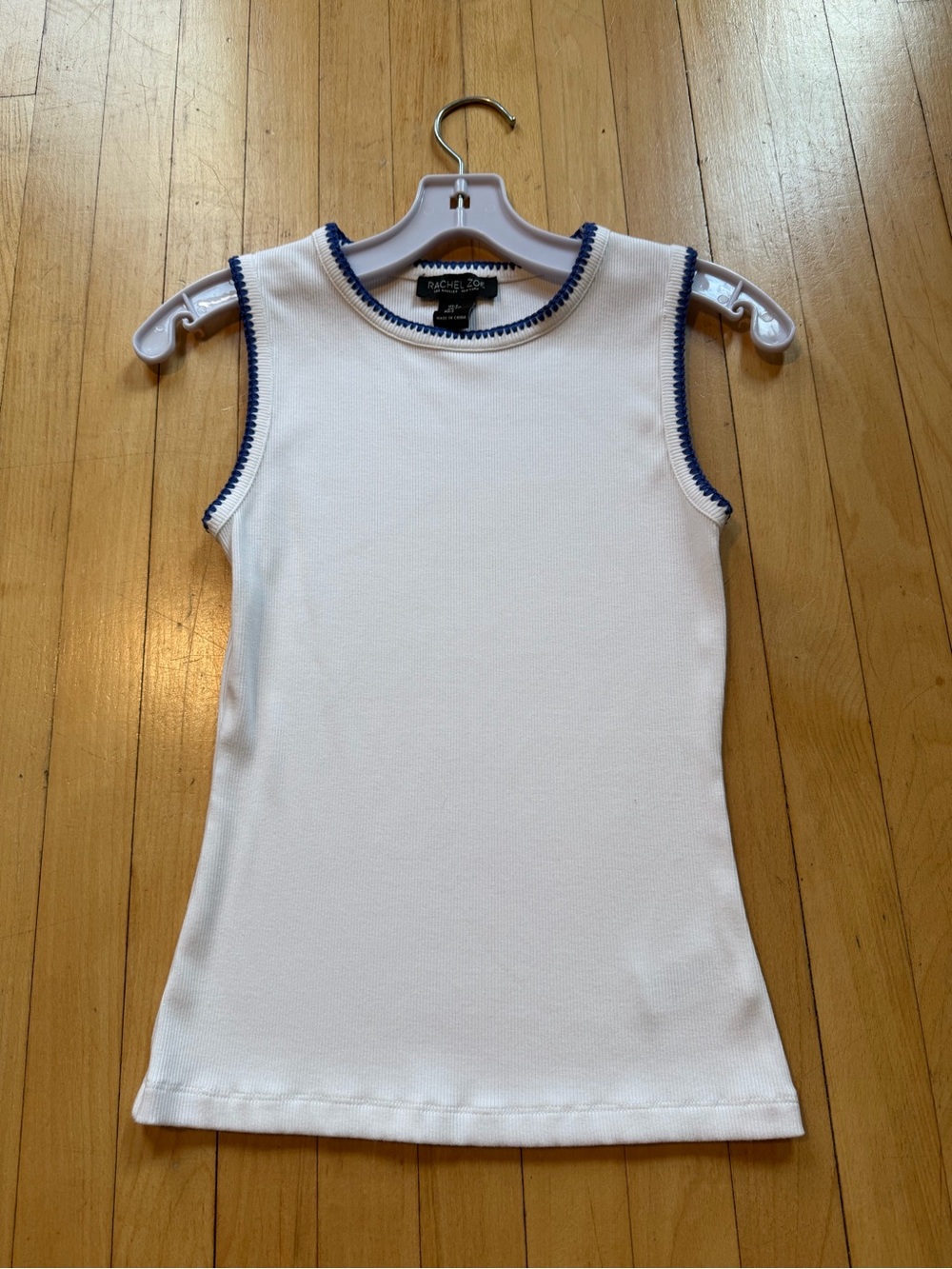 Rachel Zoe White Sleeveless Knit Top with Blue Embroidered Trim